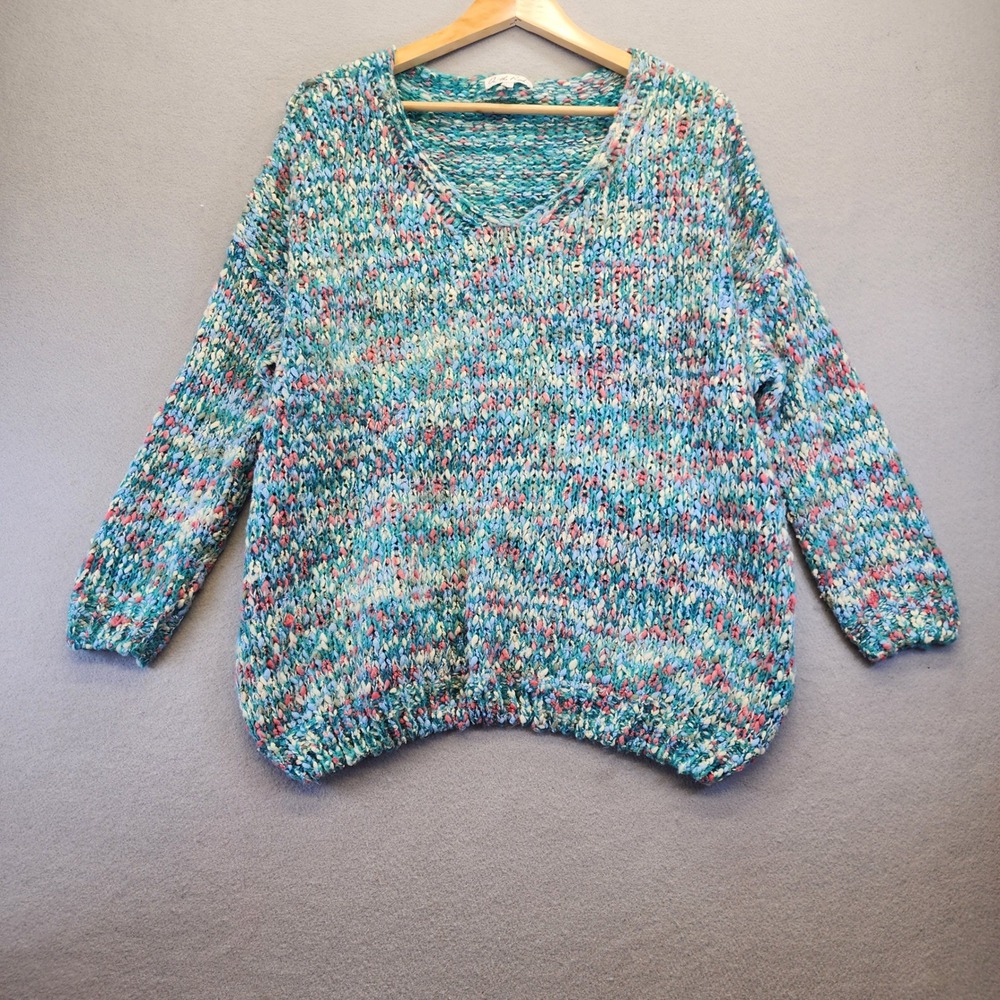 On the Road Confetti Knit V-Neck Sweater Teal Pink Multicolor Boho Oversized S/M